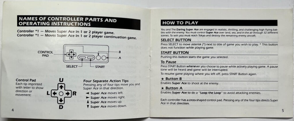 1942 for NES by Capcom manual pages 4 and 5 how to play