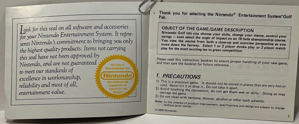 Golf for NES instruction booklet - Pages 1 and 2