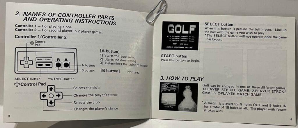 Golf for NES instruction booklet - Pages 3 and 4