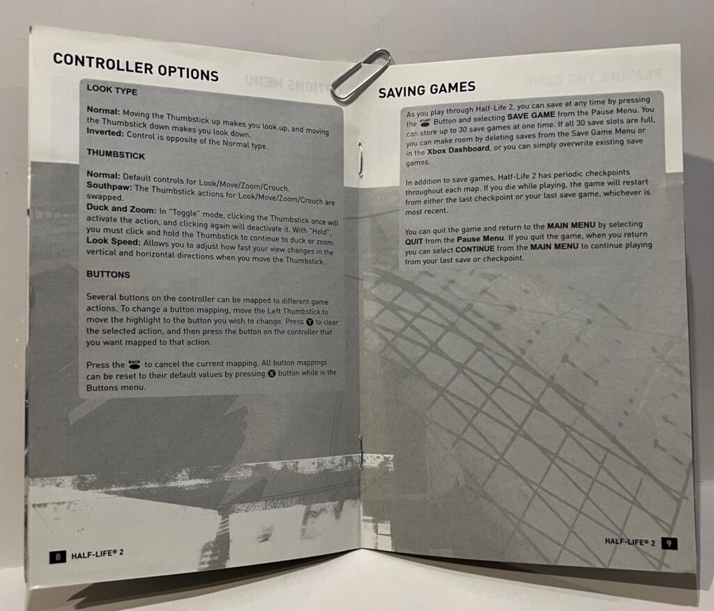 Half-Life 2 Xbox Manual Page 8 and Page 9 Saving